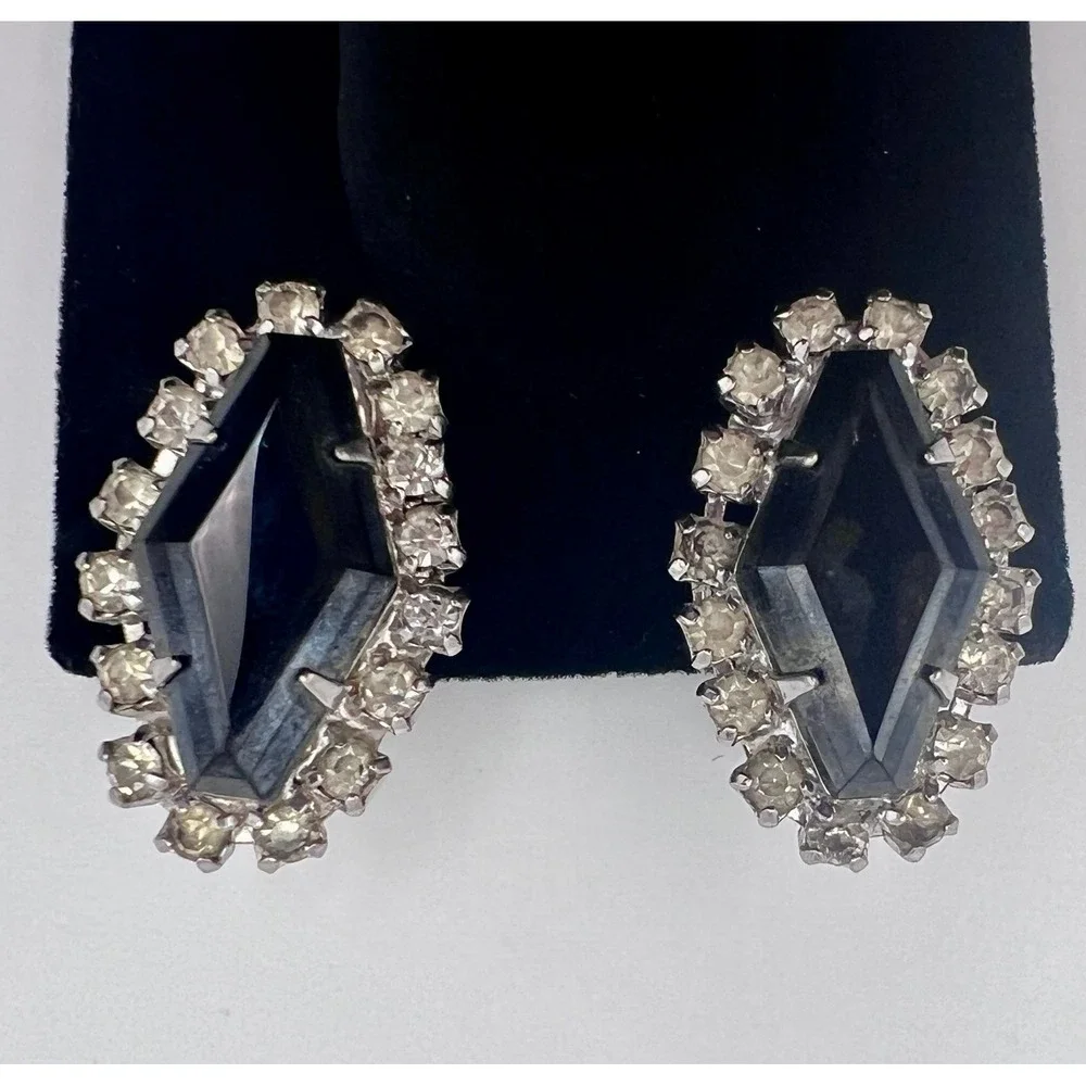 Unbranded Clip On Earrings Womens OS Black Excellent Vintage Rhinestone Hematite